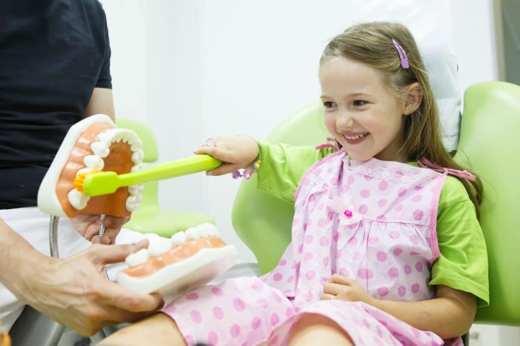 Cute little smiling girl uses an oversized toothbrush to clean an oversized set of fake teeth